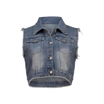 Vesta de denim cu buzunare pe piept