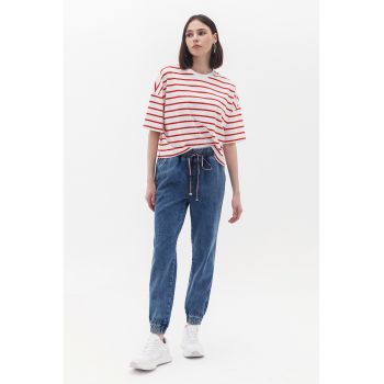 Pantaloni de trening cu aspect de denim si talie inalta