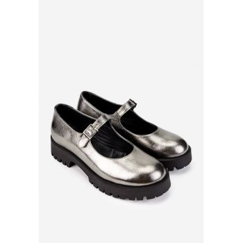 Pantofi dama din piele naturala argintie cu bareta