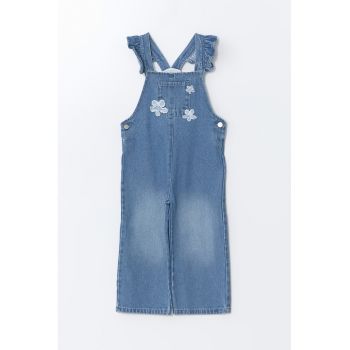 Salopeta din denim cu decolteu patrat si broderii florale