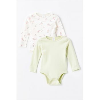 Set de body-uri din bumbac cu model si uni - 2 piese