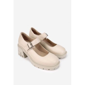Pantofi dama  bej din piele cu bareta