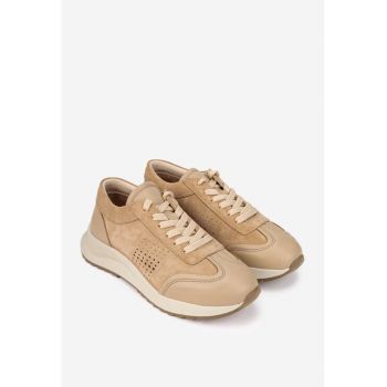 Pantofi dama  taupe din piele intoarsa si box