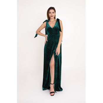 Rochie cu decolteu in V si aplicatii din strasuri Emerald