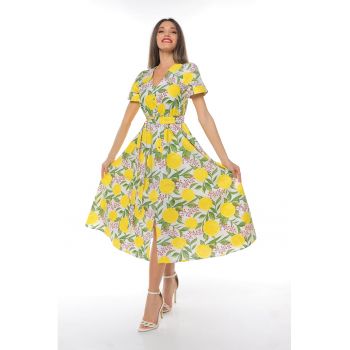 Rochie midi cu croiala evazata si cordon in talie