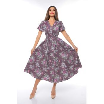 Rochie midi cu croiala evazata si cordon in talie