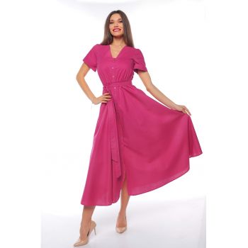 Rochie midi cu croiala evazata si cordon in talie