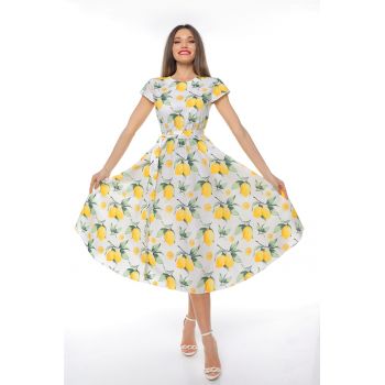 Rochie midi cu croiala evazata si maneci scurte