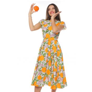 Rochie midi cu croiala evazata si maneci scurte
