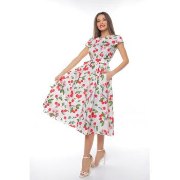 Rochie midi cu croiala evazata si maneci scurte