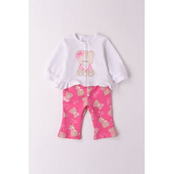 Set de cardigan cu fermoar - pantaloni si imprimeu cu ursulet - 2 piese