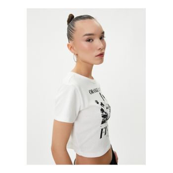 Tricou crop cambrat cu imprimeu