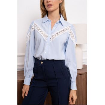 Camasa dama albastra cu aplicatie dantela 4350T 16568