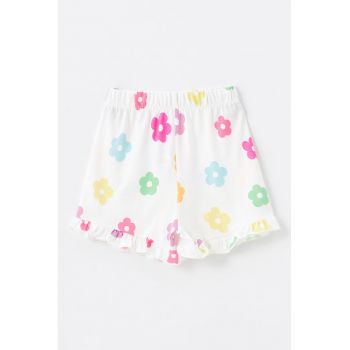 Pantaloni scurti cu model floral si terminatii cu volane