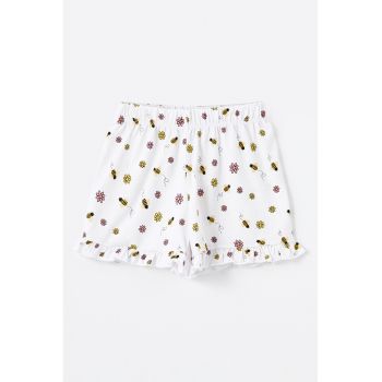 Pantaloni scurti cu model floral si terminatii cu volane