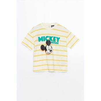 Tricou cu model in dungi si imprimeu cu Mickey Mouse