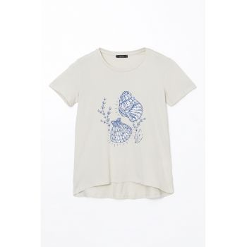 Tricou din bumbac cu decolteu la baza gatului si imprimeu grafic