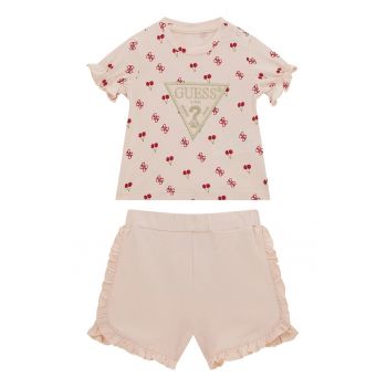 Set de pantaloni scurti cu detaliu cu volane si tricou din amestec de bumbac - 2 Piese