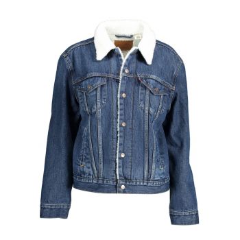 Jacheta  trucker de denim cu blana sherpa si buzunare pe piept - Albastru/Alb -