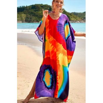 Rochie boema de plaja lunga oversize, tip poncho din bumbac si vascoza, cu imprimeu pictural