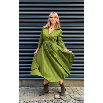 Rochie clos, petrecuta, din poplin de bumbac, verde oliv