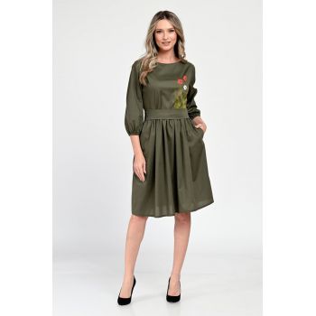 Rochie Medie Dama V310 - Pictata manual - Kaki cu model floral ieftina la reducere