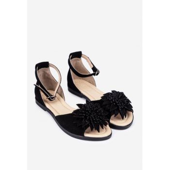 Sandale dama negre din piele intoarsa cu detaliu floare
