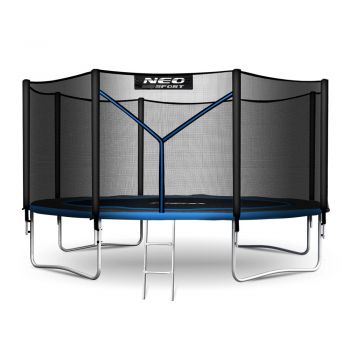 Trambulina de gradina pentru copii Neo-Sport Albastru 374cm 12FT cu Scara si Plasa interioara, Stalpi metalici cu protectie din burete, Intrare cu fermoar , Covoras impermeabil flexibil