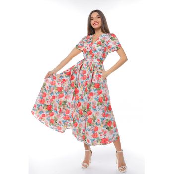 Rochie midi cu croiala evazata si cordon in talie