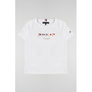 Tricou cu imprimeu logo si decolteu la baza gatului
