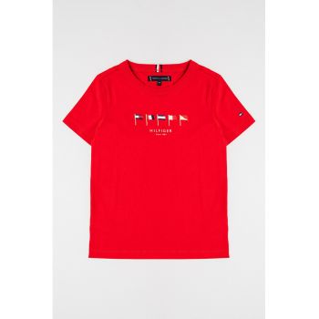 Tricou cu imprimeu logo si decolteu la baza gatului