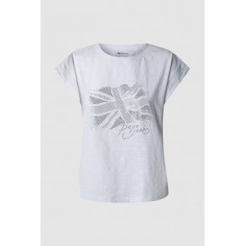 Tricou cu logo - strasuri si decolteu la baza gatului