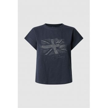Tricou cu logo - strasuri si decolteu la baza gatului