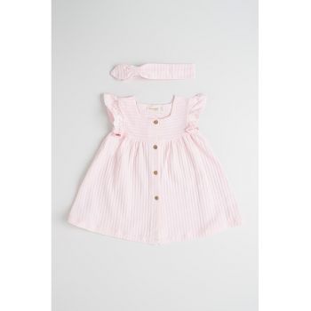 Set de rochie cu model in dungi si bentita - 2 piese