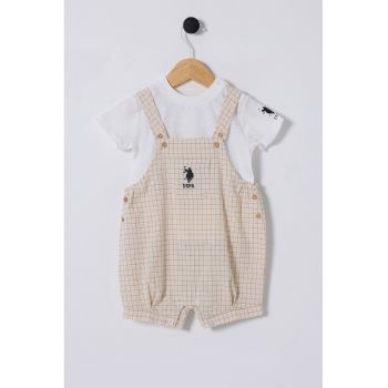 Set de salopeta de bumbac in carouri si tricou - 2 piese