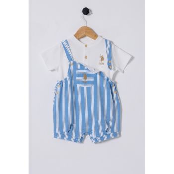 Set de tricou cu broderie logo si salopeta cu dungi