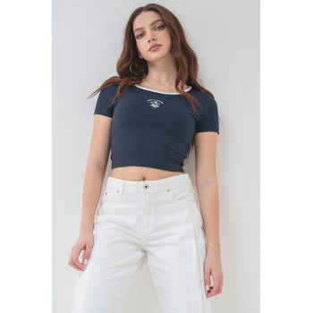 Tricou crop din amestec de bumbac cu decolteu rotund