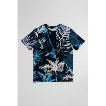 Tricou cu decolteu la baza gatului si imprimeu tropical