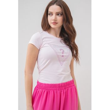Tricou cu decolteu la baza gatului si logo cu strasuri
