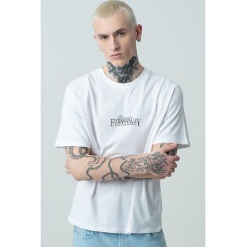 Tricou de bumbac cu decolteu la baza gatului - imprimeu grafic si text