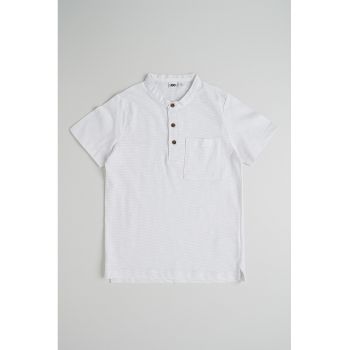 Tricou din amestec de bumbac cu fenta cu nasturi