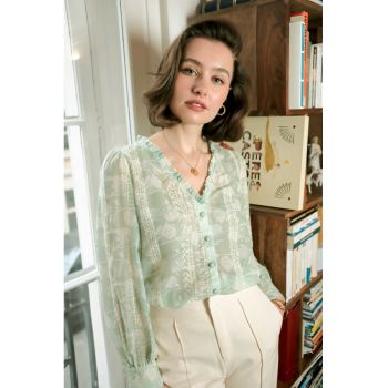 Camasa verde cu print floral si detalii brodate - 4819T 16921