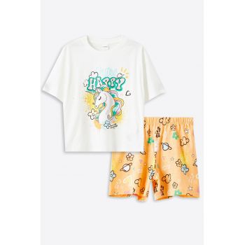 Pijama scurta cu imprimeu unicorn frontal