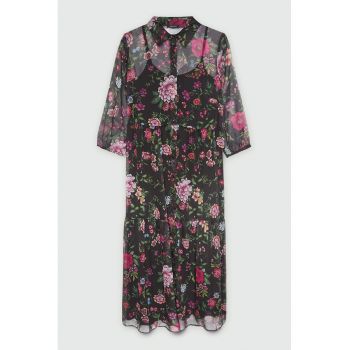 Rochie cu model floral si guler clasic