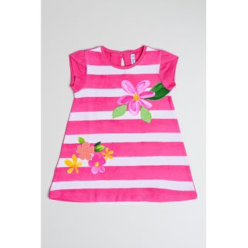 Rochie scurta cu croiala in A - imprimeu in dungi si model floral