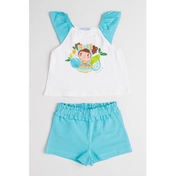 Set de top din amestec de bumbac cu model si pantaloni scurti