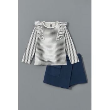 Set de bluza cu dungi si volane si fusta-pantalon uni - 2 piese