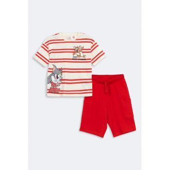 Set de tricou cu dungi si imprimeu Tom&Jerry si pantaloni scurti uni - 2 piese
