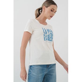 Tricou cu imprimeu text si decolteu rotund
