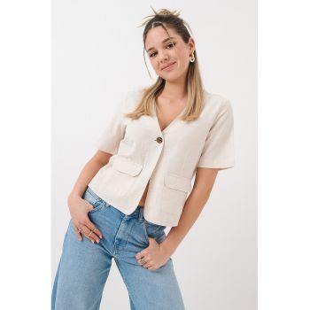 Bluza din amestec de in cu maneci scurte si buzunare frontale cu clapa